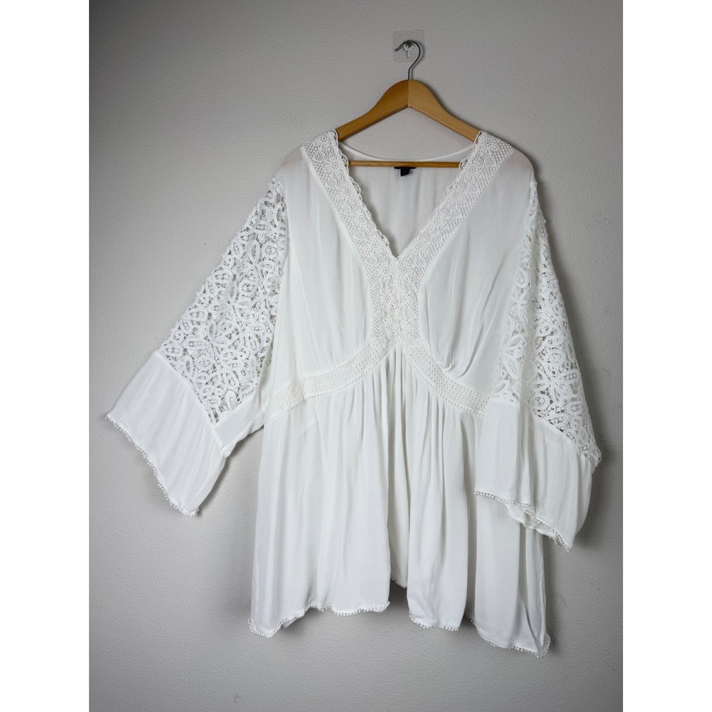 Torrid Women Rayon Crinkle Gauze Babydoll Top 6X White Lace Boho Peasant Crochet